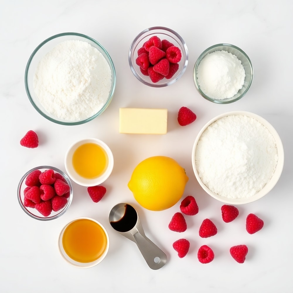 Raw ingredients for Chewy Lemon Raspberry Cookies on a white marble surface