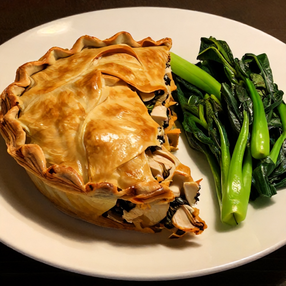 Chicken and Leek Pie on a plate with a side of steamed vegetables