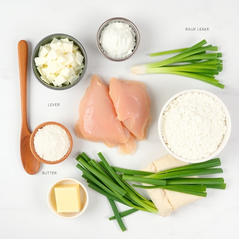Raw ingredients for Chicken and Leek Pie including chicken breasts, leeks, butter, flour, and puff pastry