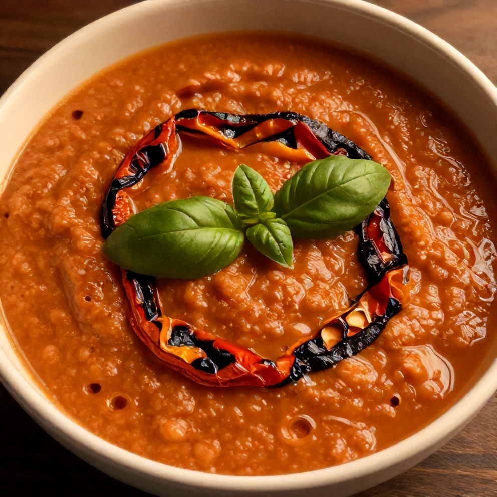 Bowl of Chilled Mediterranean Tomato and Roasted Pepper Soup with a basil garnish
