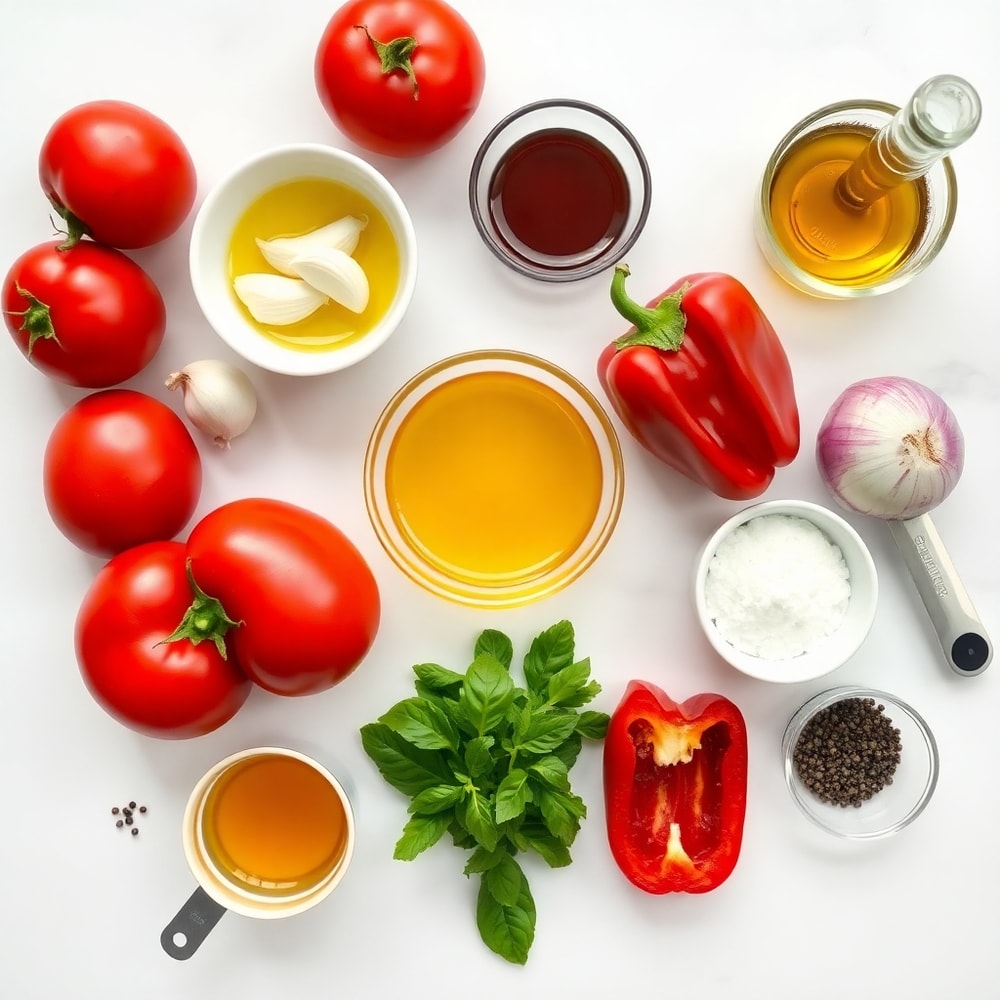 Raw ingredients for Chilled Mediterranean Tomato and Roasted Pepper Soup