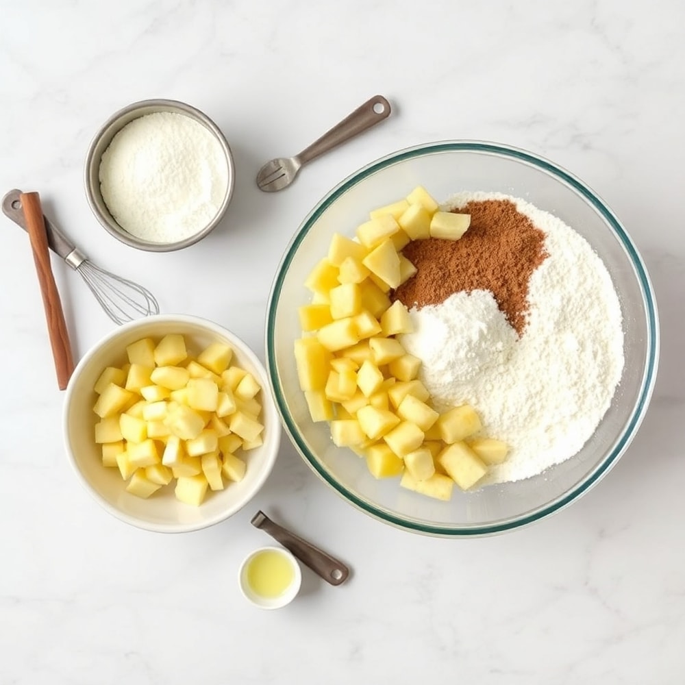 Raw ingredients for Cinnamon Apple Bread on a marble counter