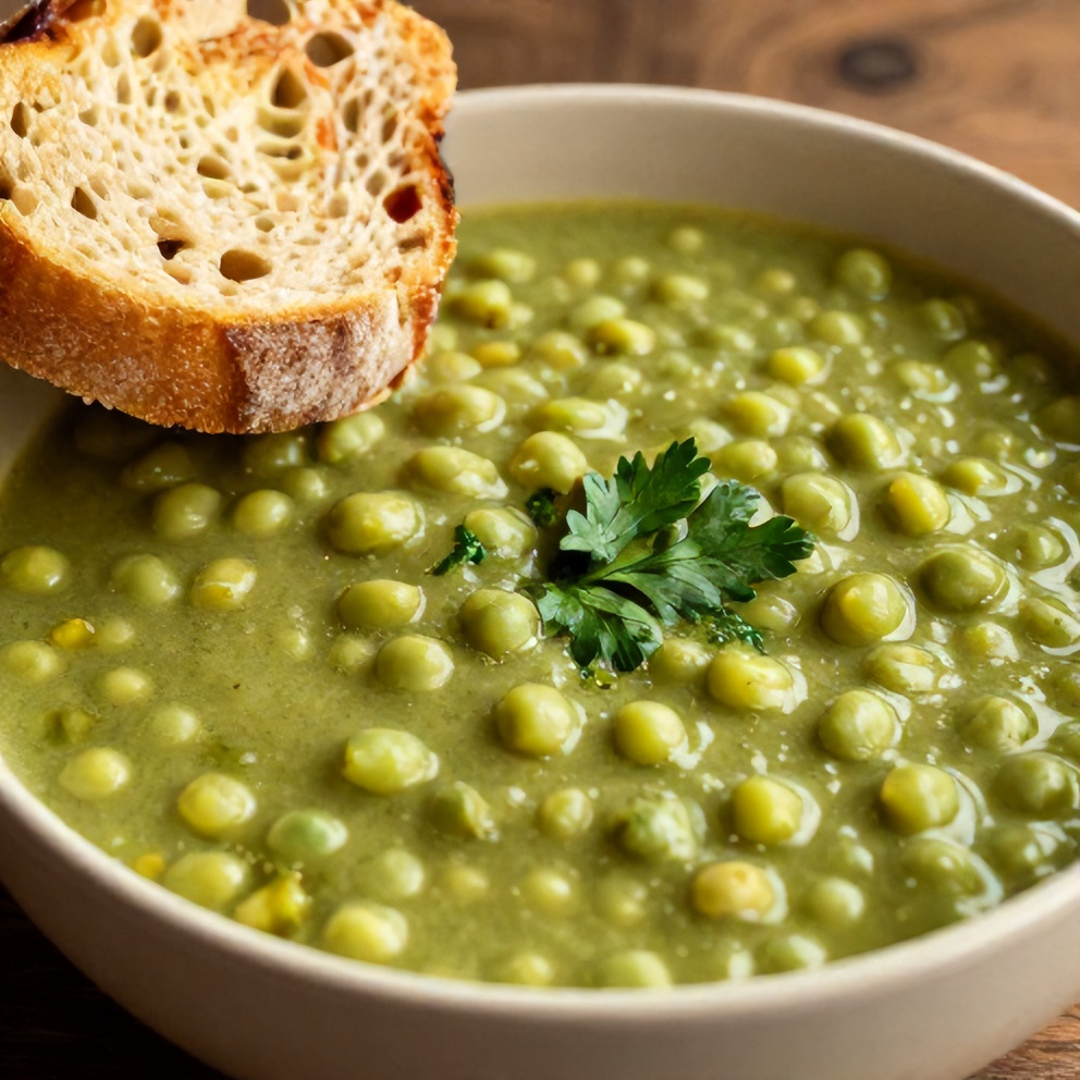 Bowl of classic split pea soup with a sprinkle of fresh parsley