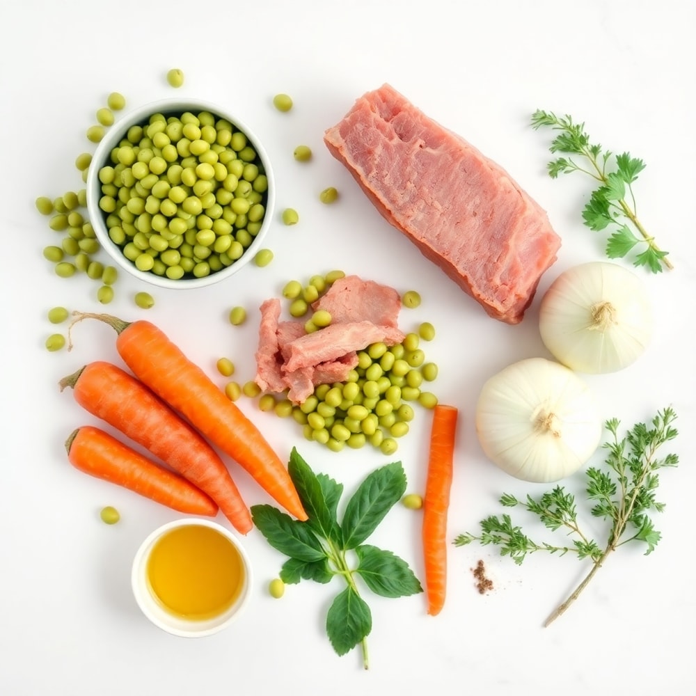 Split pea soup ingredients: split peas, carrots, celery, onion, garlic, ham hock