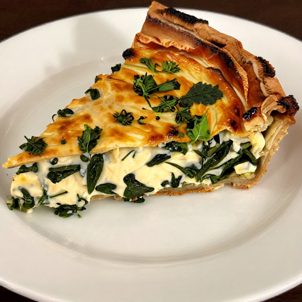 Plated cottage cheese spinach quiche with fresh herbs