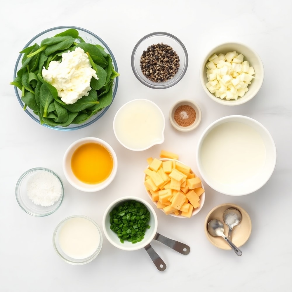 Raw ingredients for cottage cheese spinach quiche in overhead flat lay