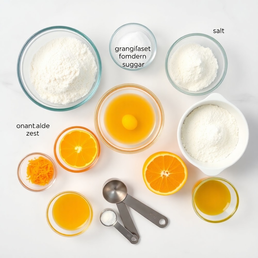 Flat lay of ingredients for orange scone cookies on a marble surface