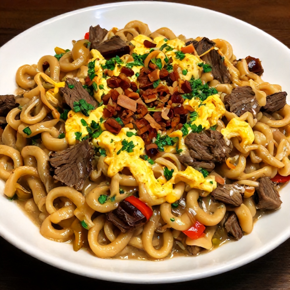 A serving of beef stew egg noodle casserole plated with fresh parsley