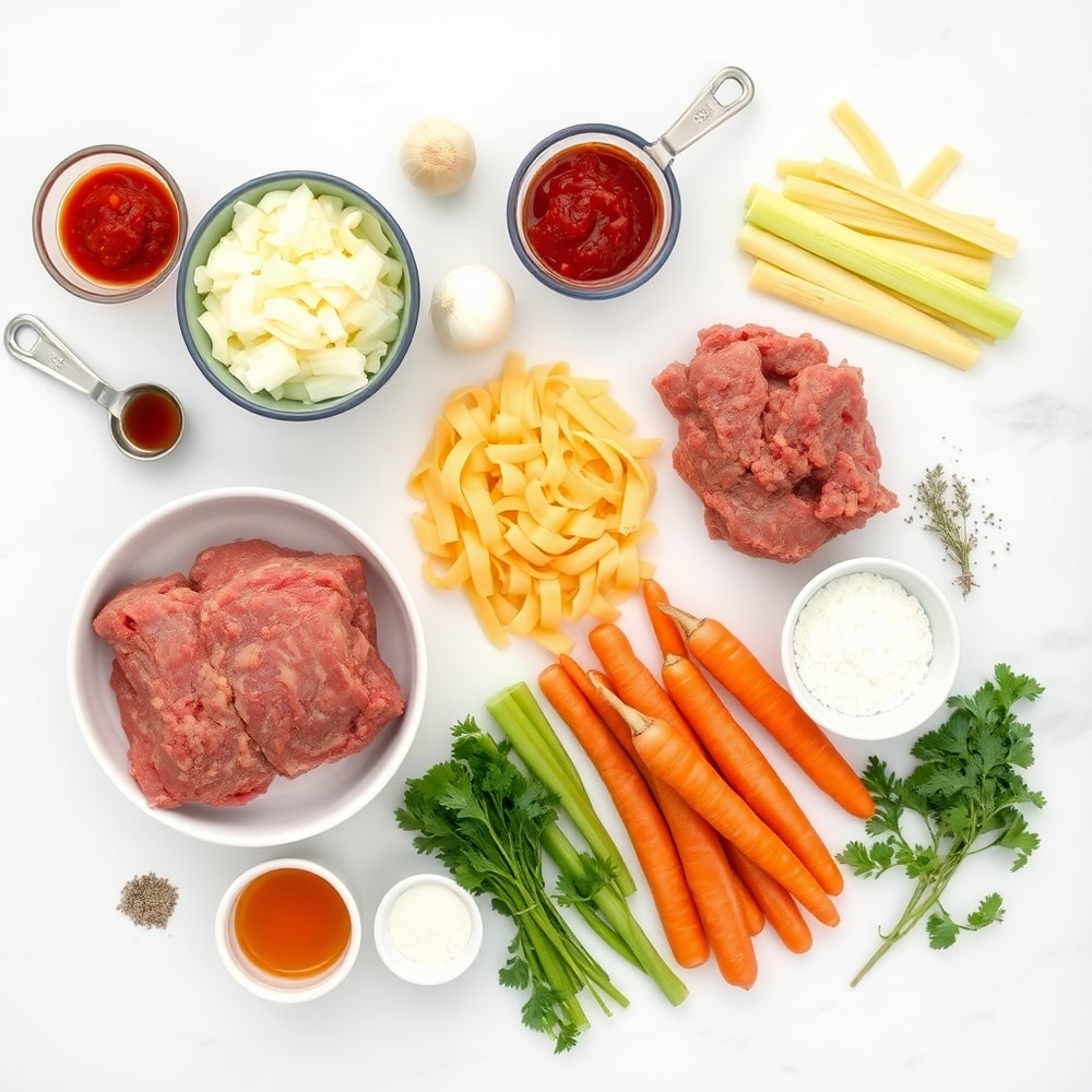 Raw ingredients for beef stew egg noodle casserole arranged in a flat lay