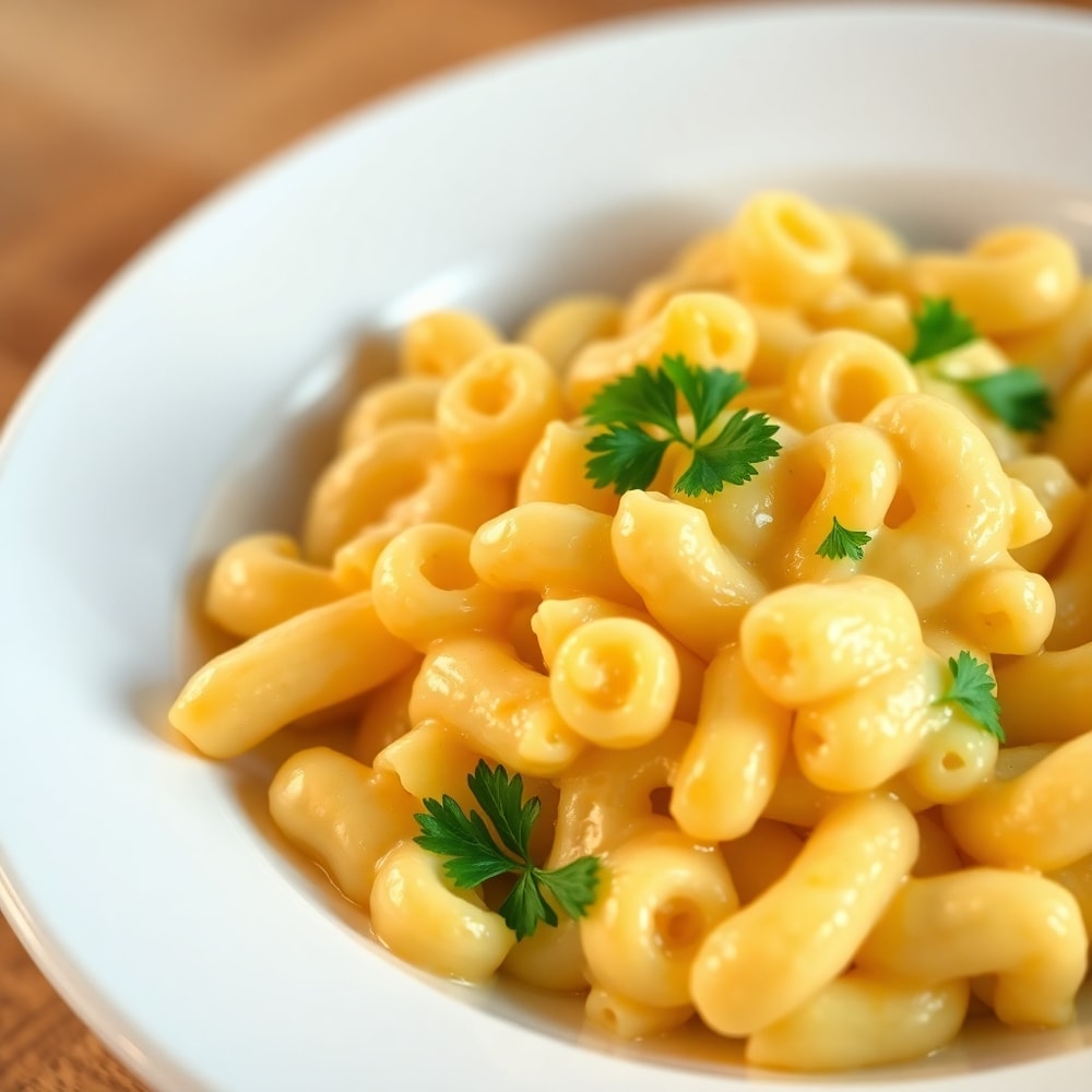 Served creamy baked macaroni and cheese with fresh parsley
