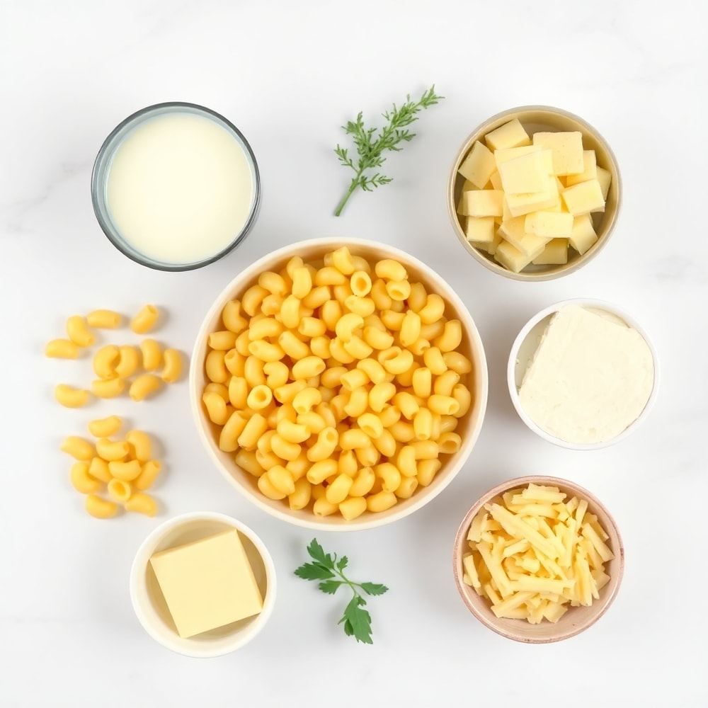 Raw ingredients for creamy baked macaroni and cheese including pasta, cheese, milk, and butter
