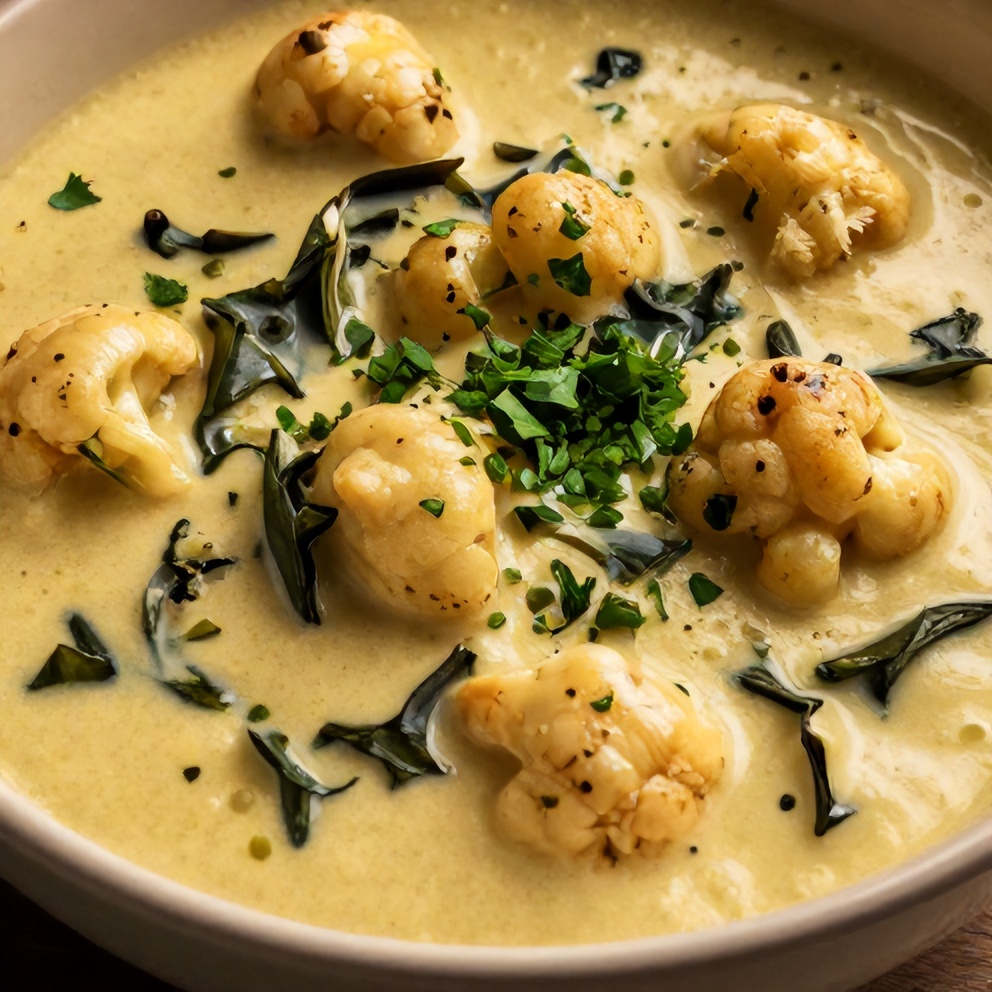One perfect serving of Creamy Cauliflower Sausage Kale Soup plated in a bowl, topped with a sprinkle of chopped parsley.