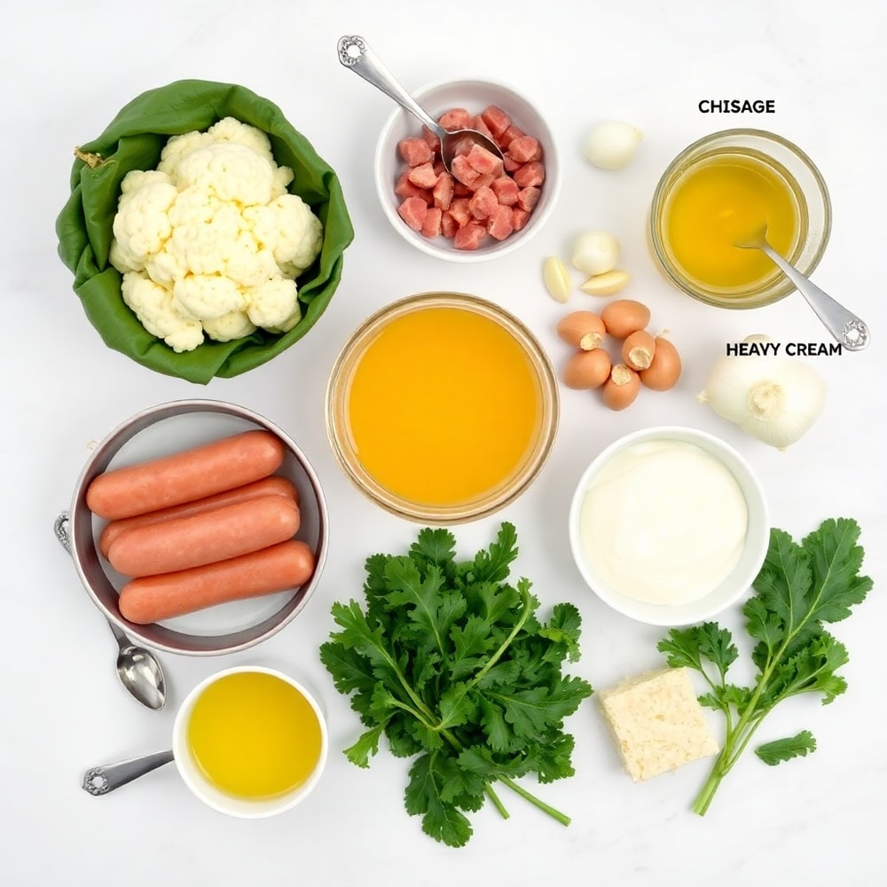 Raw ingredients for Creamy Cauliflower Sausage Kale Soup arranged in an overhead flat lay, including cauliflower, sausage, kale, onions, and garlic.