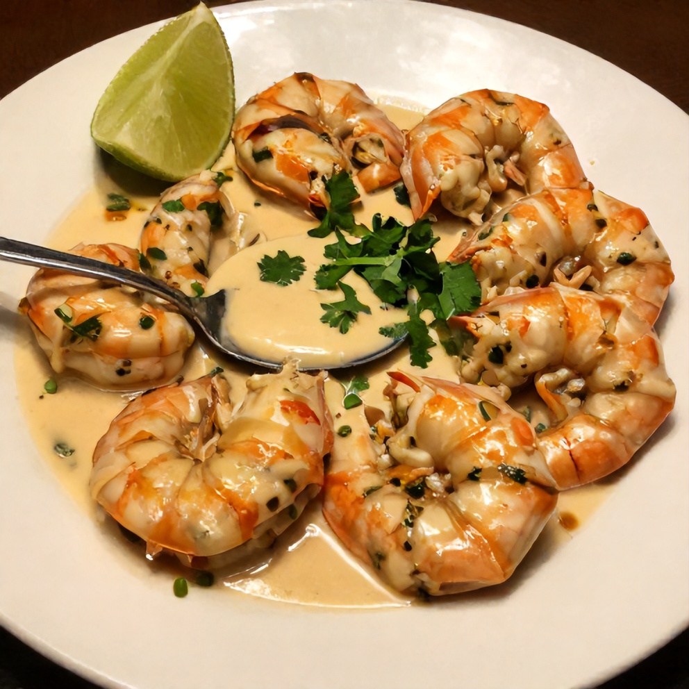 Plated serving of Creamy Coconut Garlic Shrimp