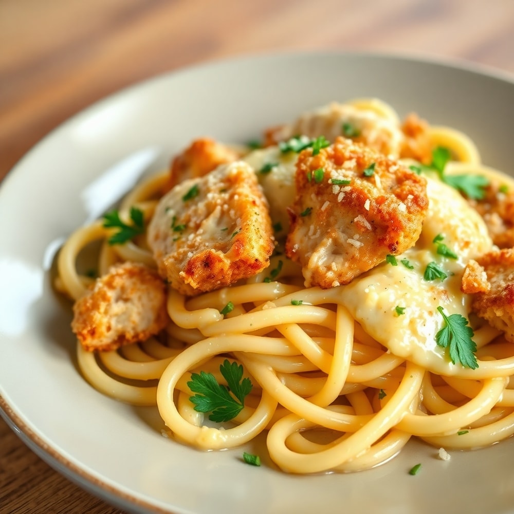 Plate of creamy crack chicken pasta with parmesan and parsley