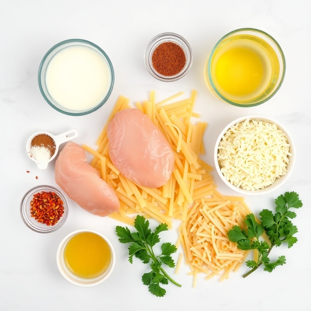 Raw ingredients for creamy crack chicken pasta laid out