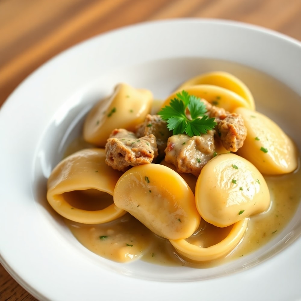 Plated Garlic Steak Tortellini with parsley