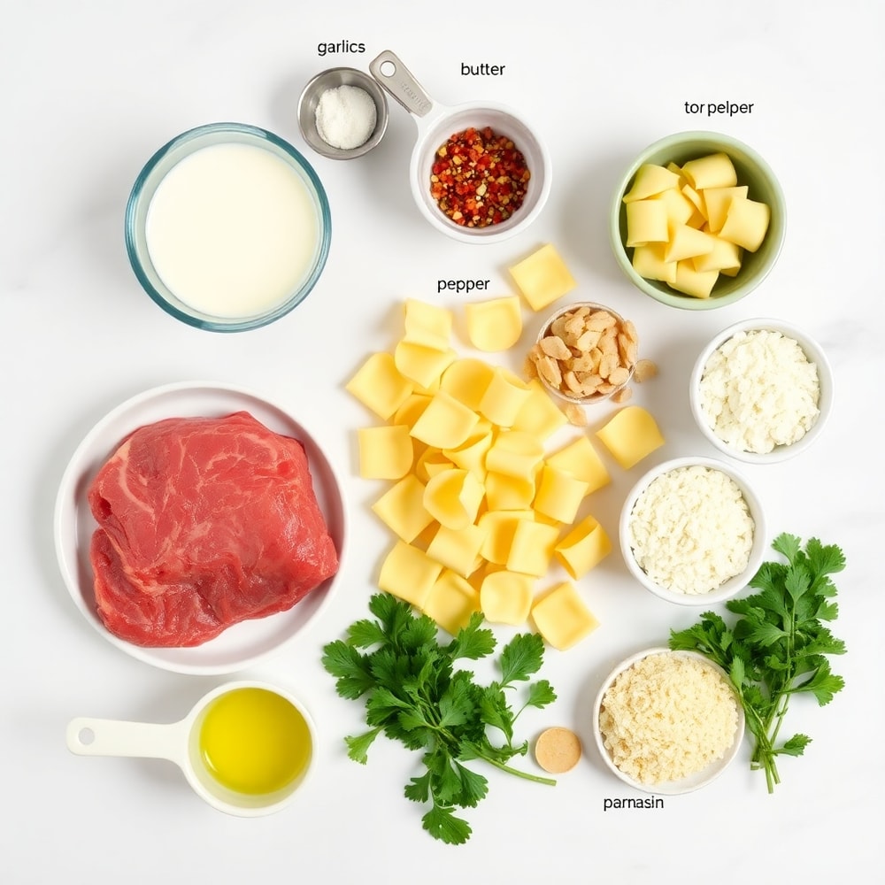 Raw ingredients for Garlic Steak Tortellini