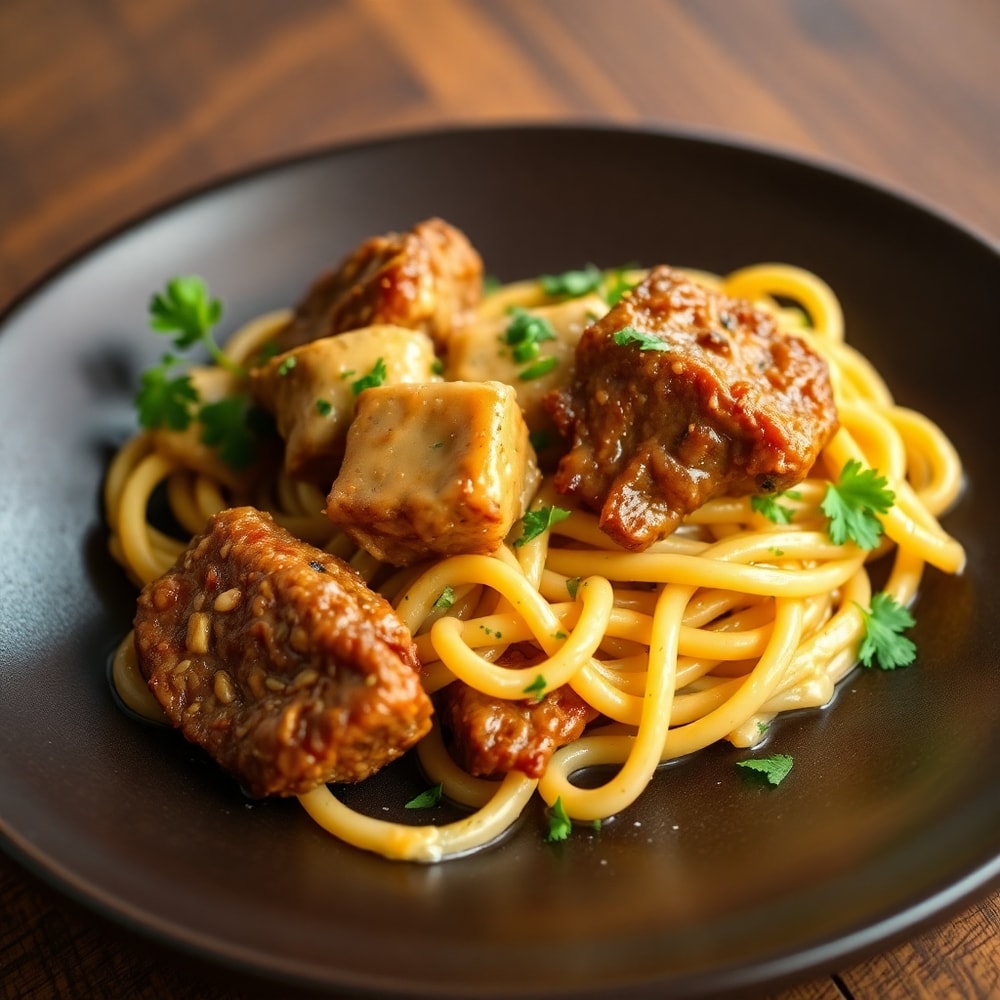 Plated Creamy Garlic Butter Steak Bites with Spicy Cajun Alfredo Twisted Pasta