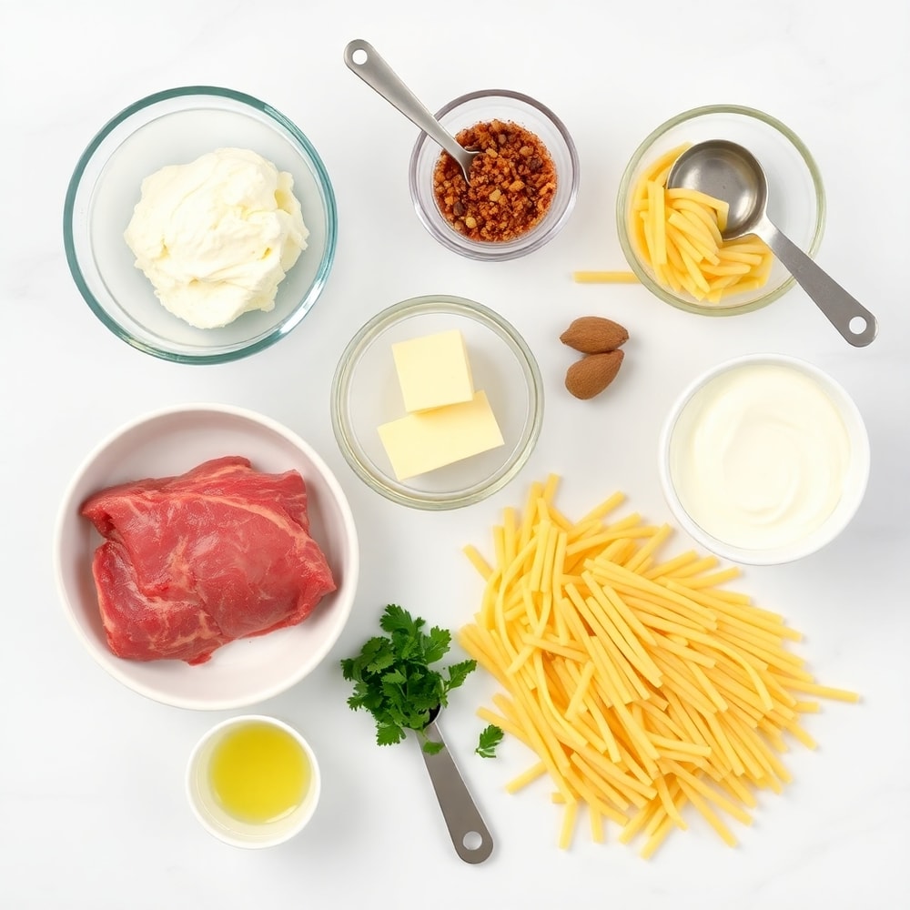 Raw Ingredients for Creamy Garlic Butter Steak Bites with Spicy Cajun Alfredo Twisted Pasta