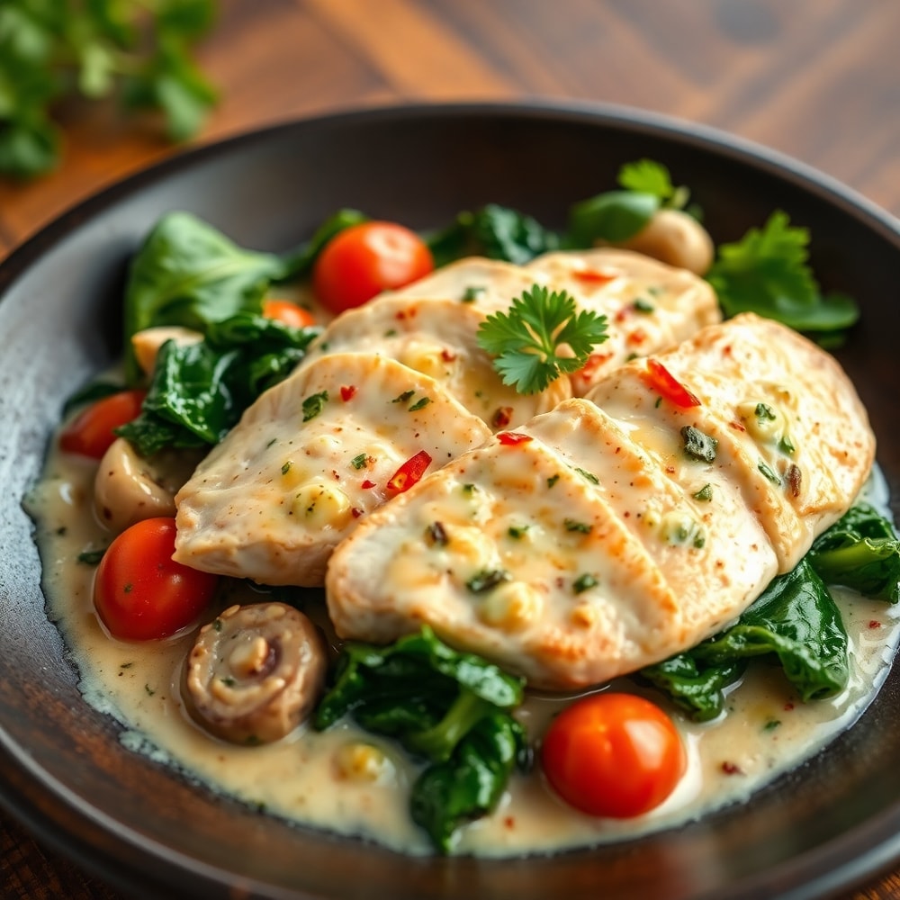 Plated Creamy Garlic Chicken with Fresh Veggies