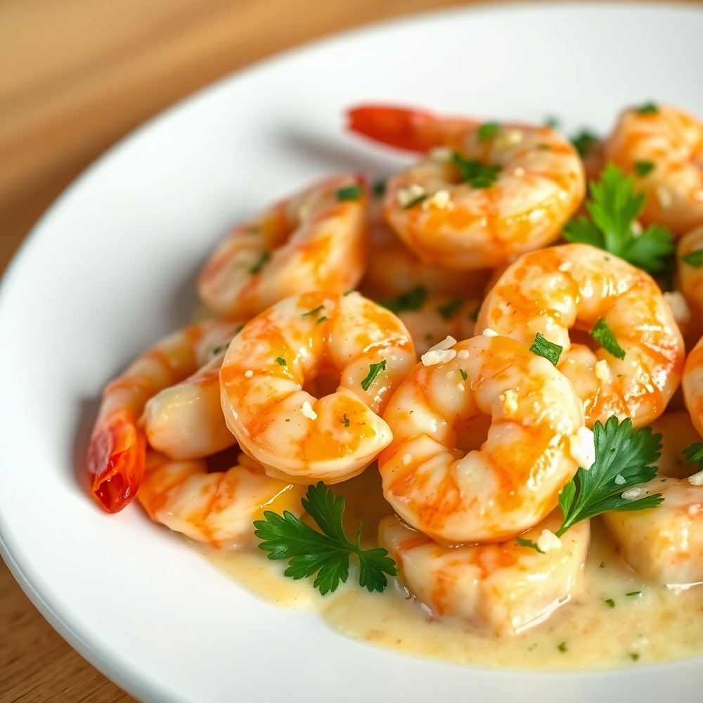 Plated Creamy Garlic Shrimp on a white plate