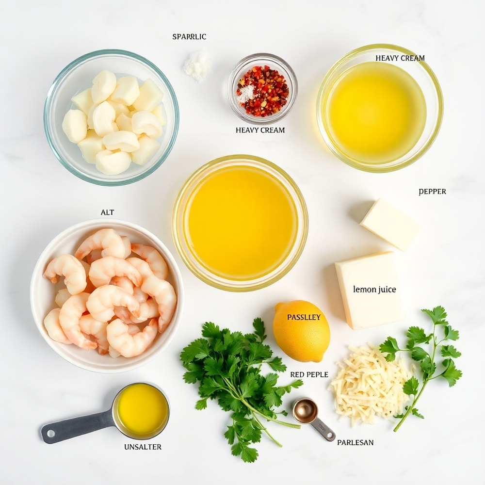 Raw ingredients for Creamy Garlic Shrimp on a white marble surface