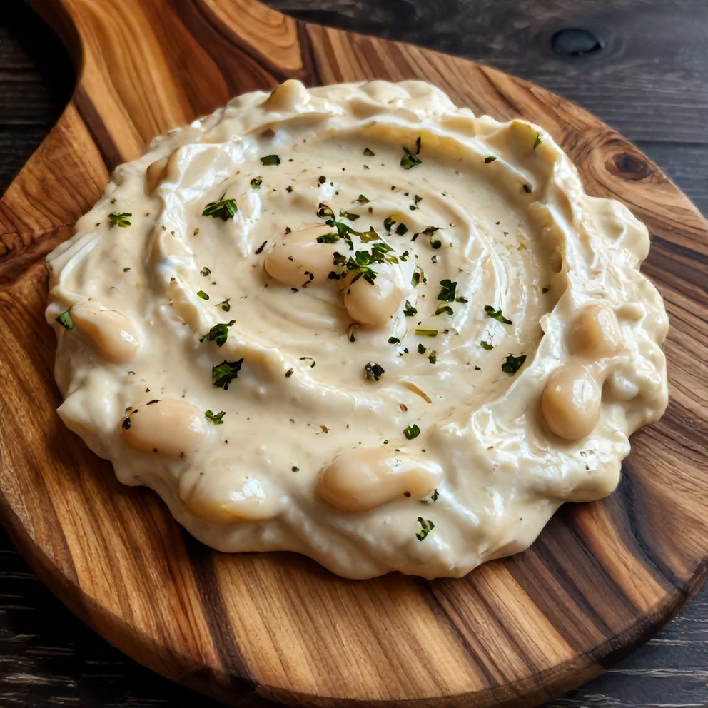 One perfect serving of Creamy Lemon Herb White Bean Dip plated on a rustic wooden board, garnished with fresh herbs. Warm side lighting showing the creamy texture.
