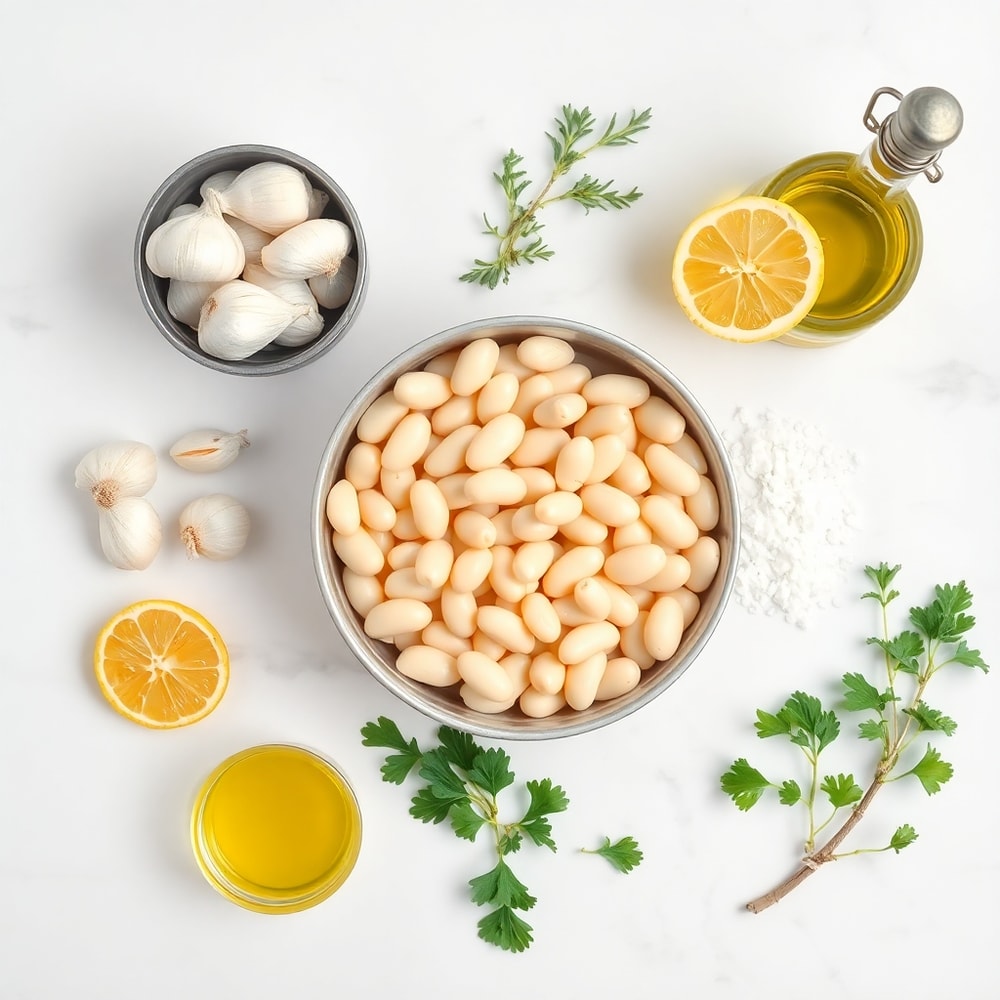 Overhead flat lay of canned white beans, garlic cloves, lemon, fresh herbs, olive oil, and salt arranged on a white marble surface. Bright even light.