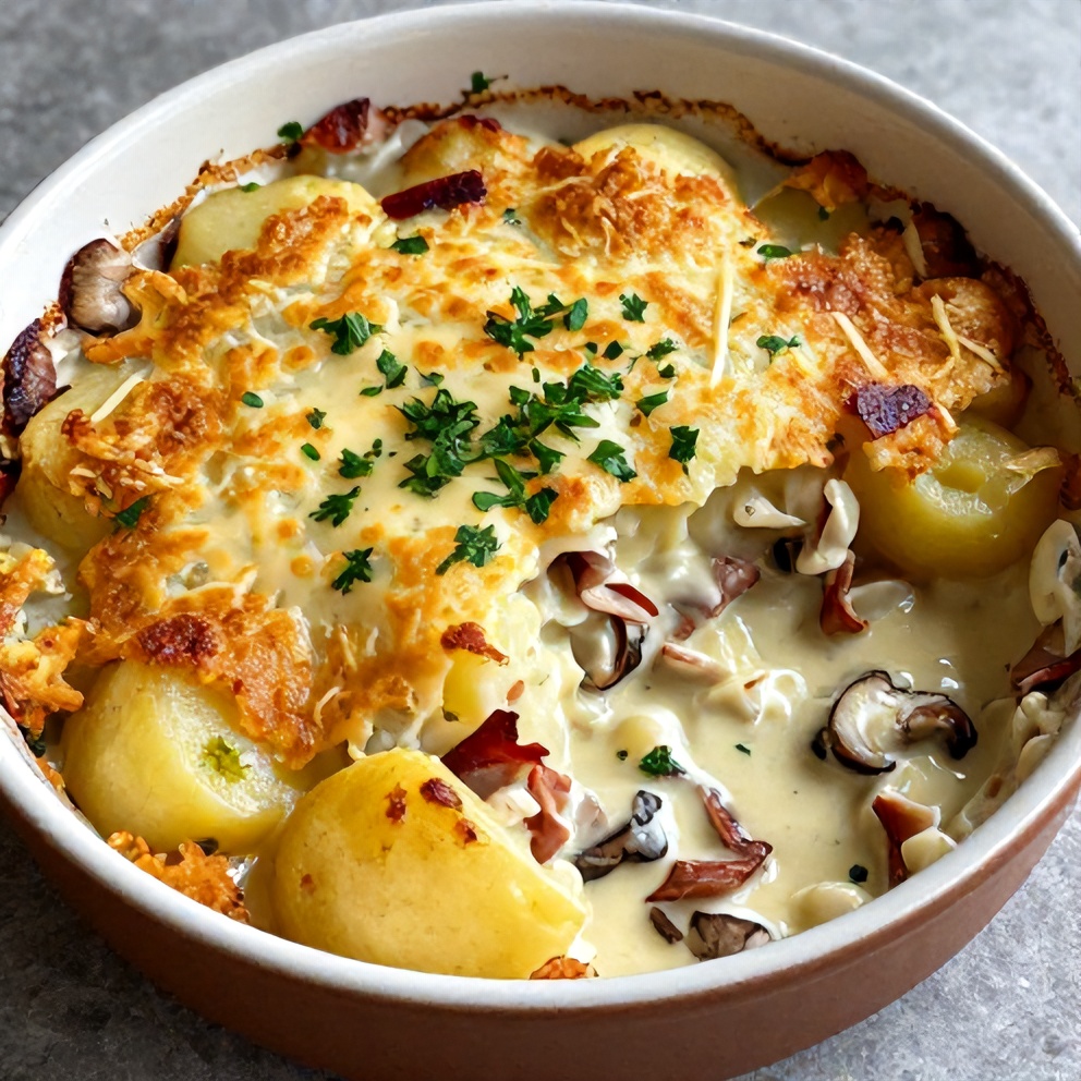 A perfect serving of creamy Pancetta and Porcini Potato Gratin plated on a rustic dish, garnished with fresh parsley.