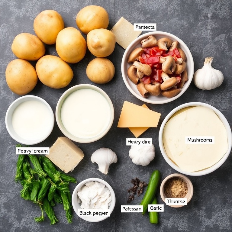 Raw ingredients for Pancetta and Porcini Potato Gratin arranged in an overhead flat lay, including potatoes, pancetta, porcini mushrooms, heavy cream, and Parmesan cheese.