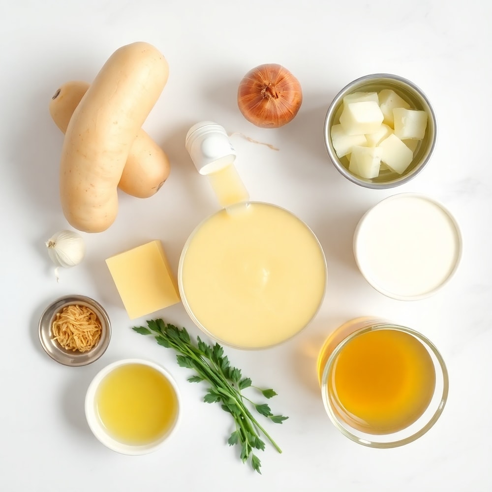 Raw ingredients for creamy potato soup: potatoes, onions, garlic, butter, milk, chicken broth