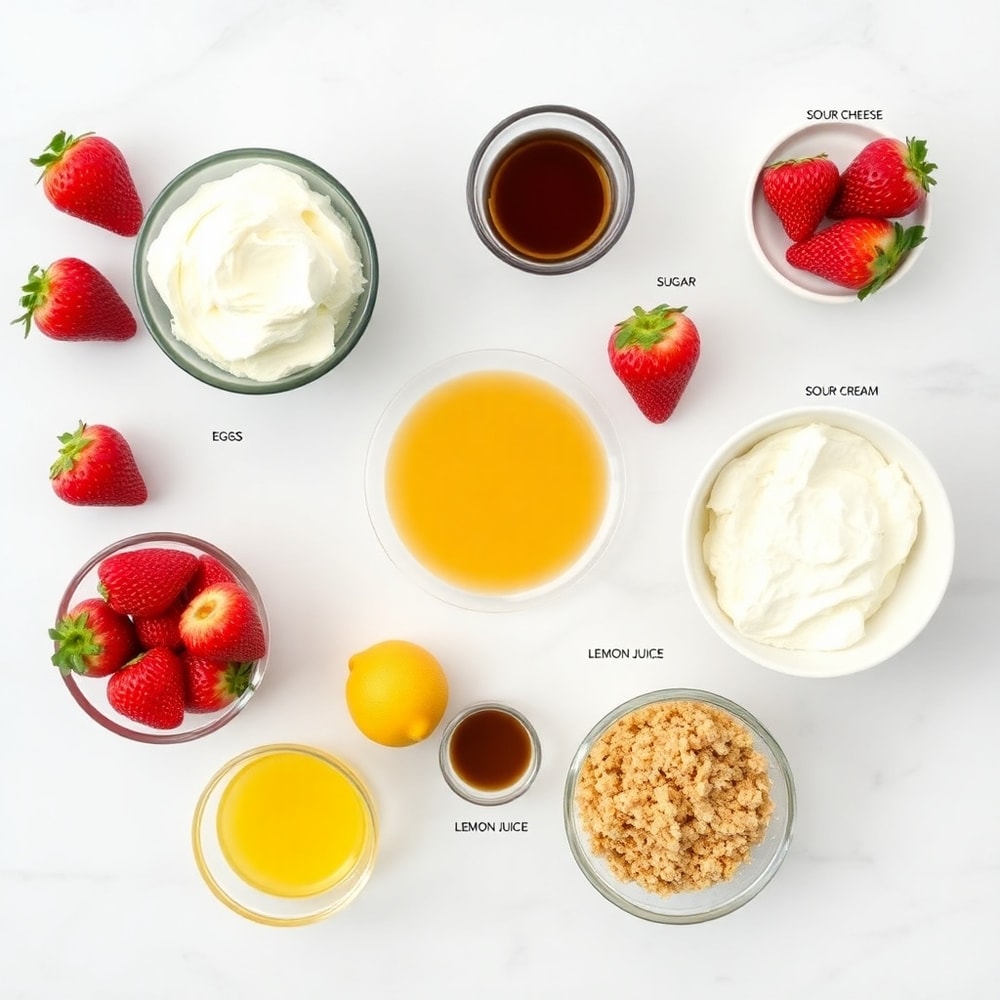 Raw ingredients for creamy strawberry swirl cheesecake