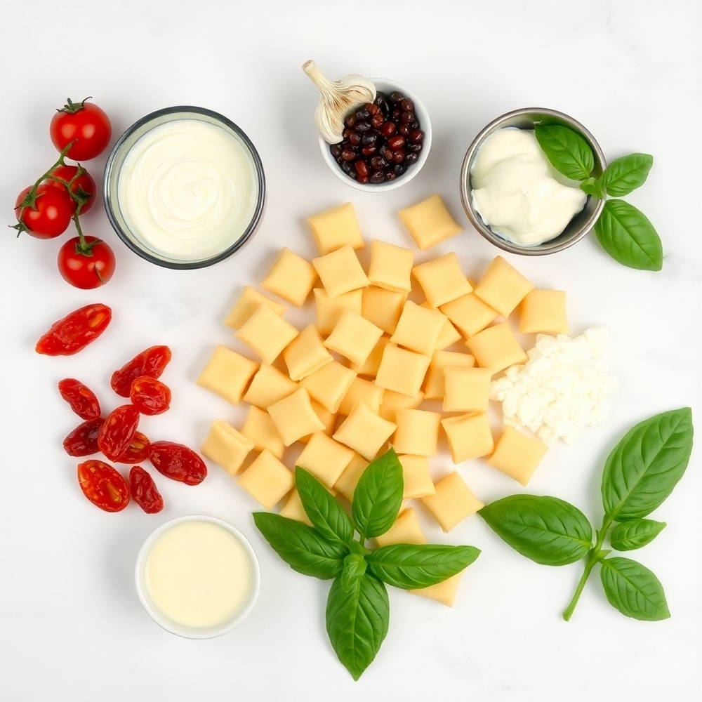 Overhead shot of ingredients: gnocchi, sundried tomatoes, garlic, cream, parmesan, basil, arranged on a white marble surface