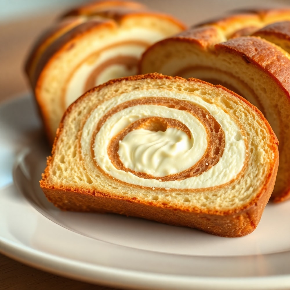 Sliced creamy swirl ice cream bread on a plate
