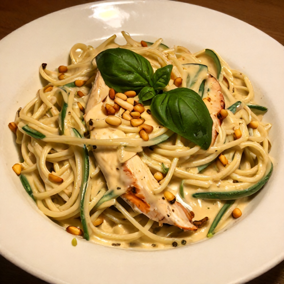Plated Creamy Zucchini Noodle Chicken Alfredo