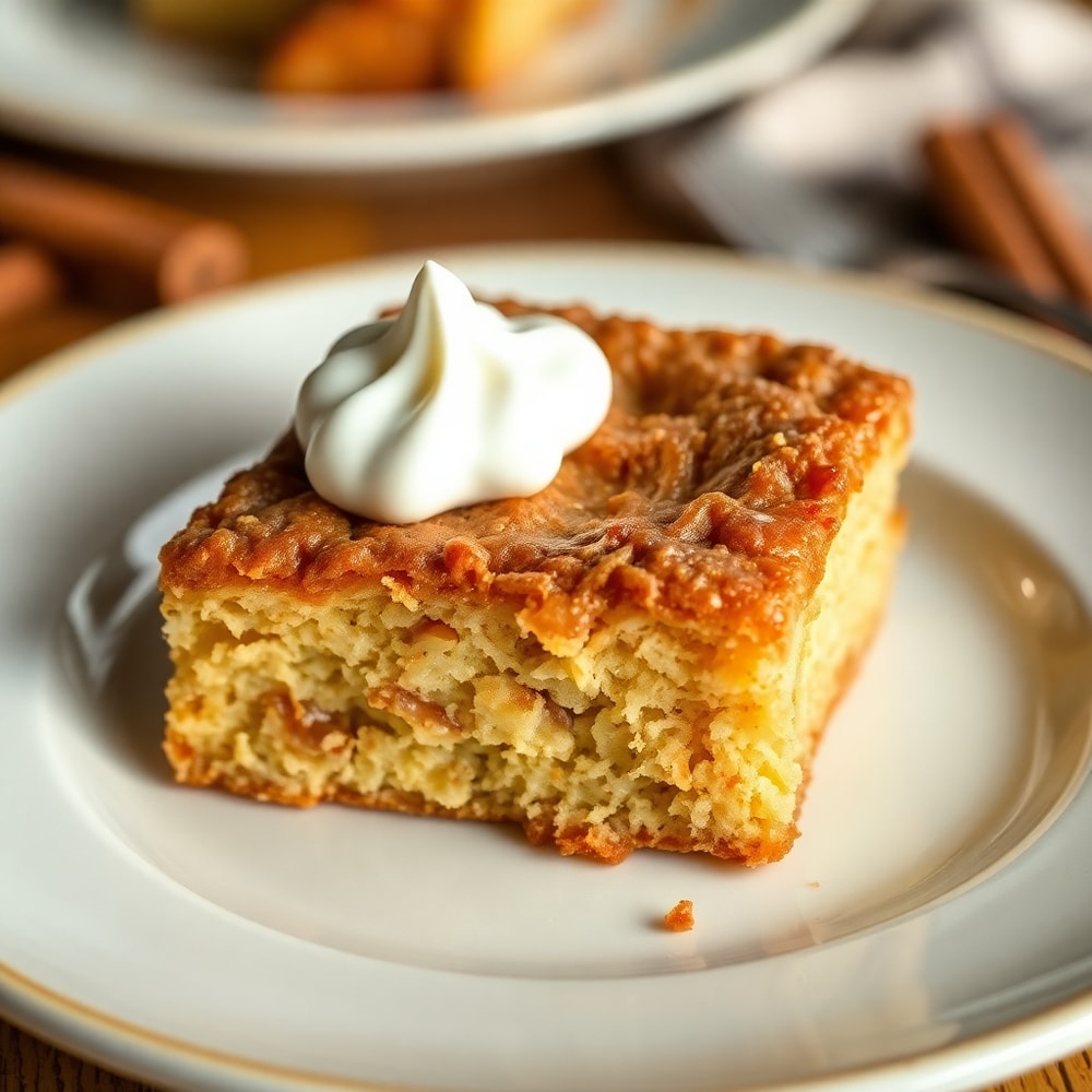 Plated slice of Crispy Apple Cinnamon Cake with a dollop of whipped cream