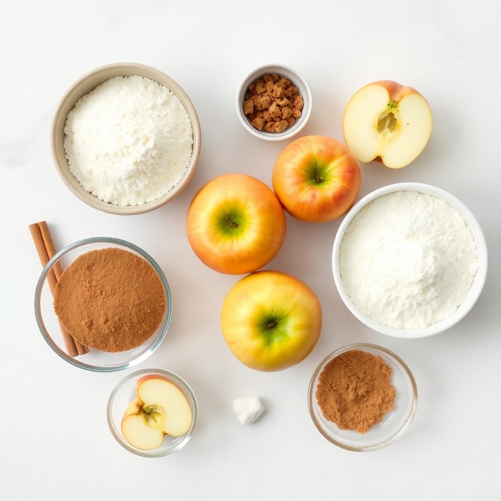 Raw ingredients for Crispy Apple Cinnamon Cake including apples, flour, cinnamon, and sugar