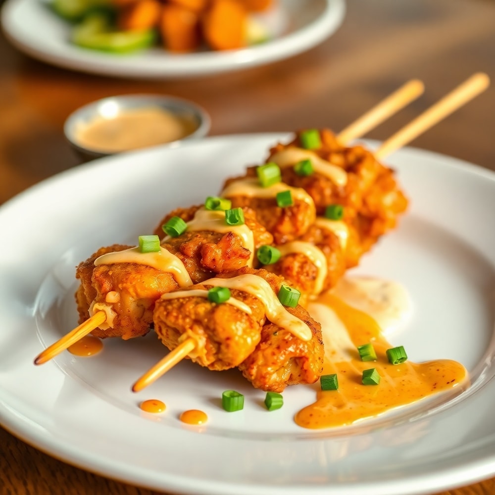 Plated Bang Bang Chicken Skewers with green onions