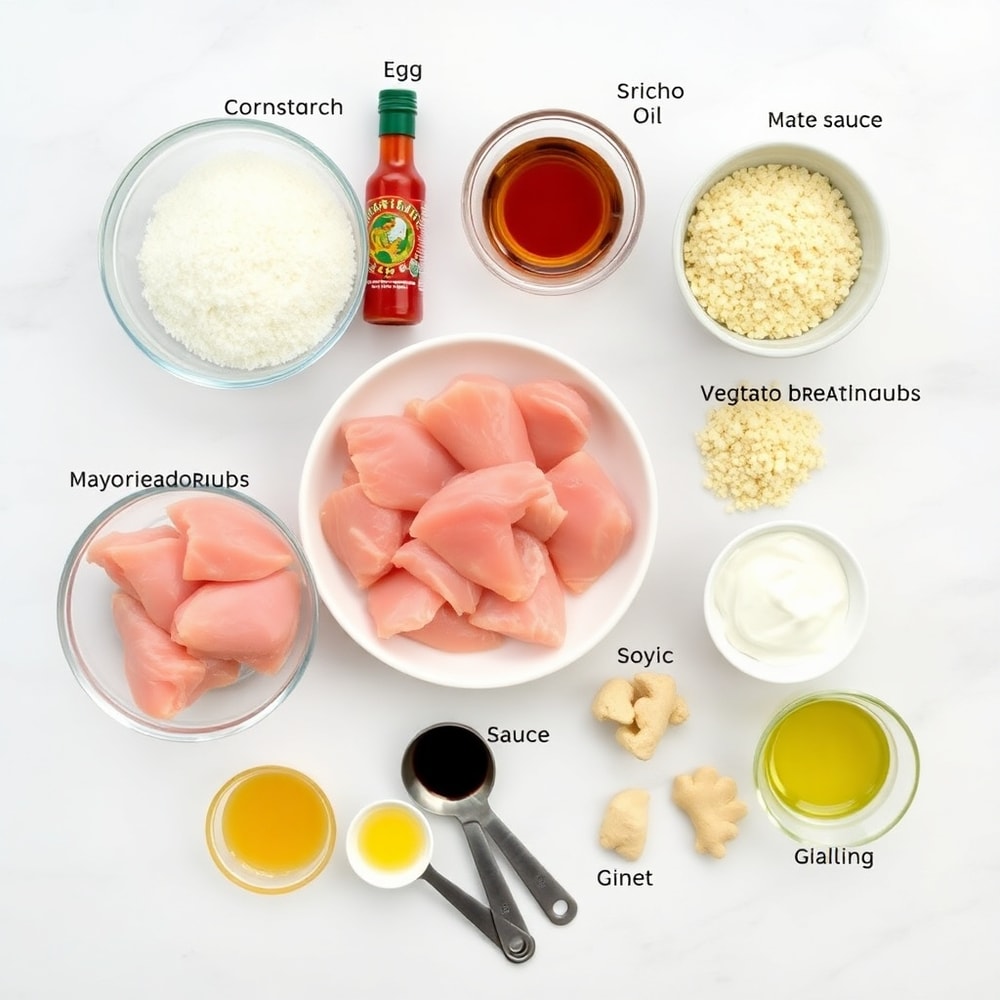 Raw ingredients for Bang Bang Chicken Skewers on a marble surface