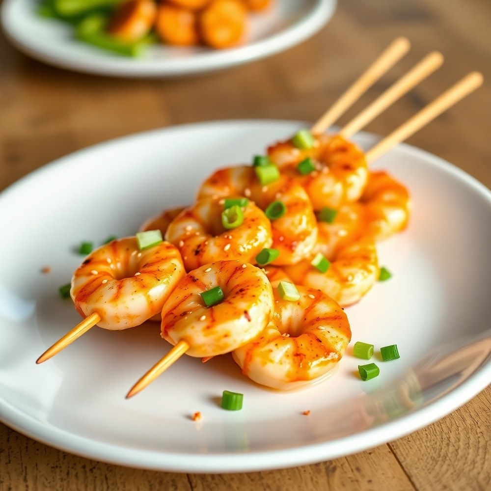 Plated Bang Bang Shrimp Skewers with green onions and sesame seeds