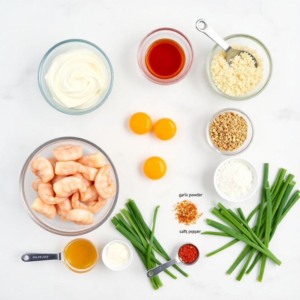 Raw ingredients for Bang Bang Shrimp Skewers on a white marble surface