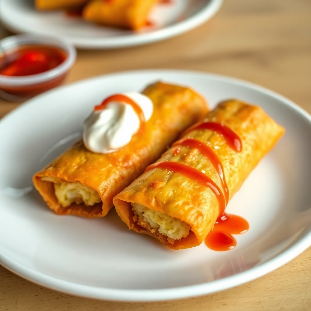 Plated breakfast egg rolls with ketchup