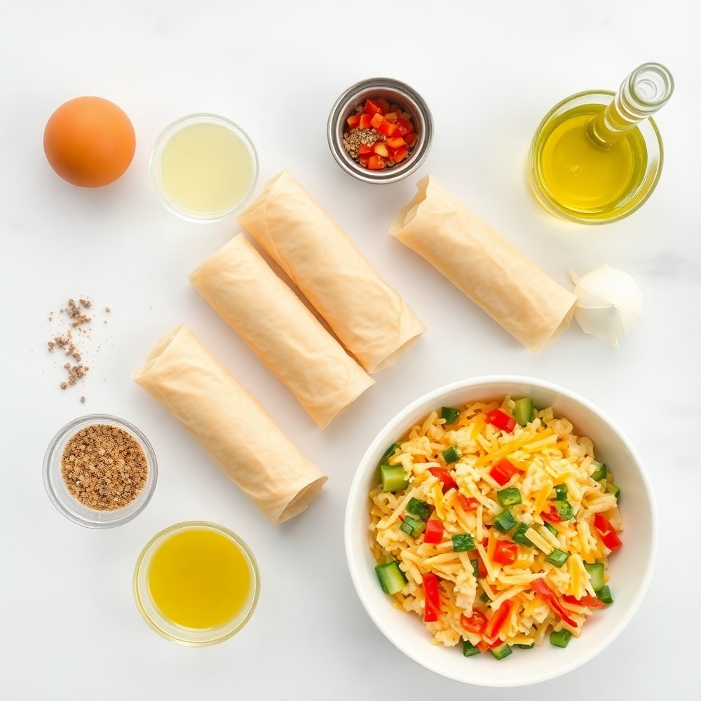 Breakfast egg roll ingredients on a marble counter