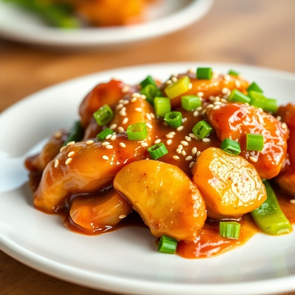 Plated Brown Sugar Pineapple Chicken with green onions