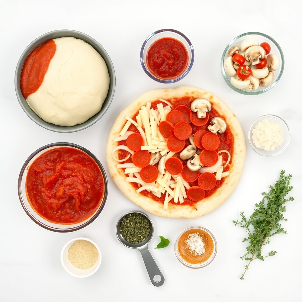 Raw ingredients for crispy cast iron skillet pizza