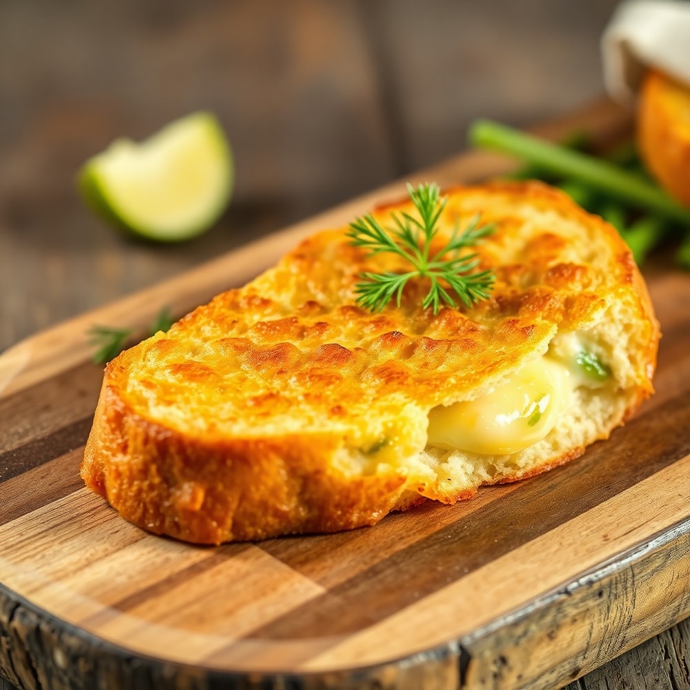 Crispy Dill Pickle Bread sliced and served on a rustic plate