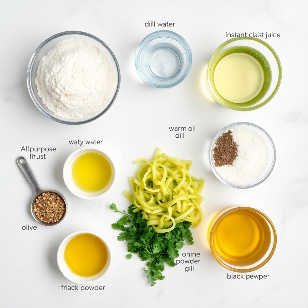 Ingredients for Dill Pickle Bread laid out on a marble counter