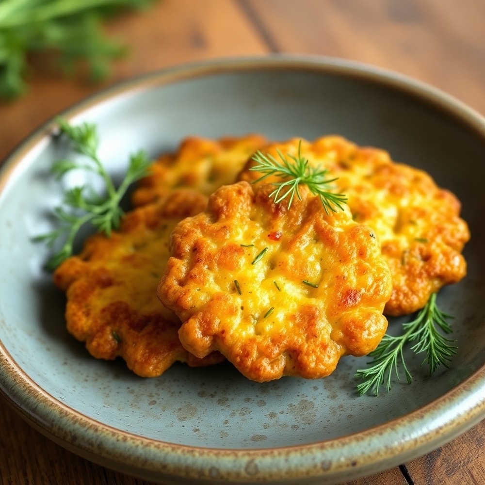 Perfectly plated serving of crispy dill pickle fritters on a rustic plate, garnished with fresh dill