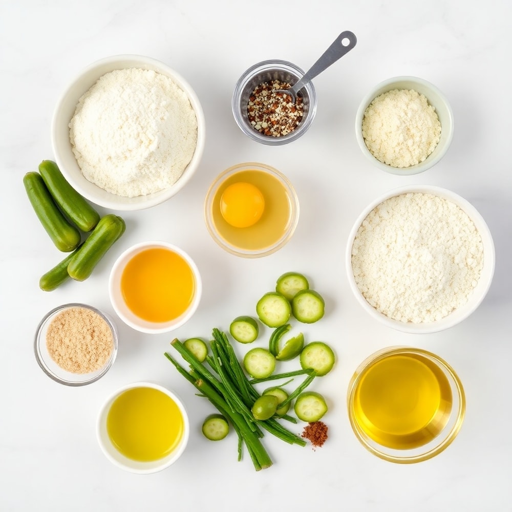 Raw ingredients for crispy dill pickle fritters: dill pickles, flour, eggs, breadcrumbs, salt, pepper, garlic powder, oil, arranged on a white marble surface